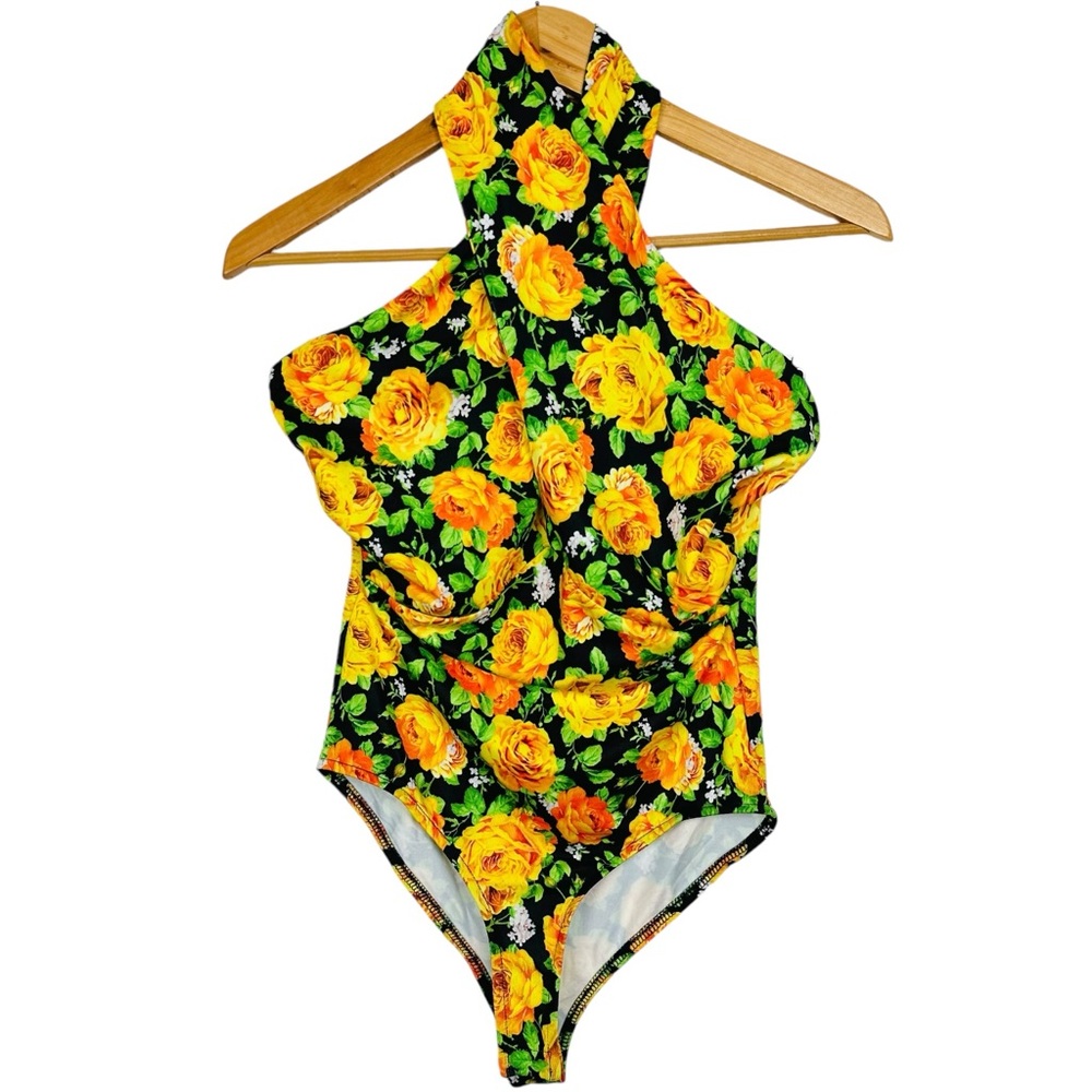 ZARA Twist Neck Criss Cross Rose Floral Printed  Halter Open Back Bodysuit S NWT